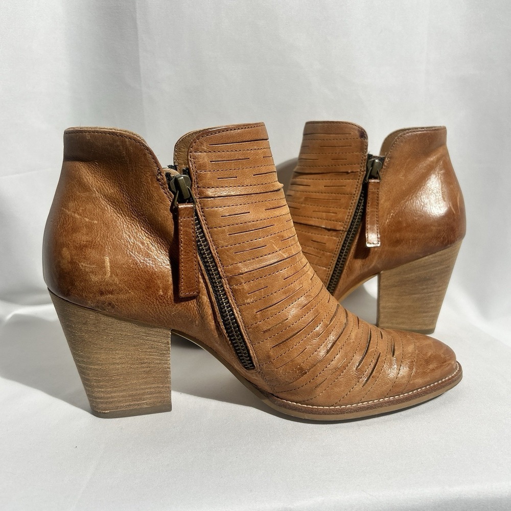 Paul Green Leather Malibu Ankle Bootie Cognac US Sz 6 Block Heel‎ Zip Slashed